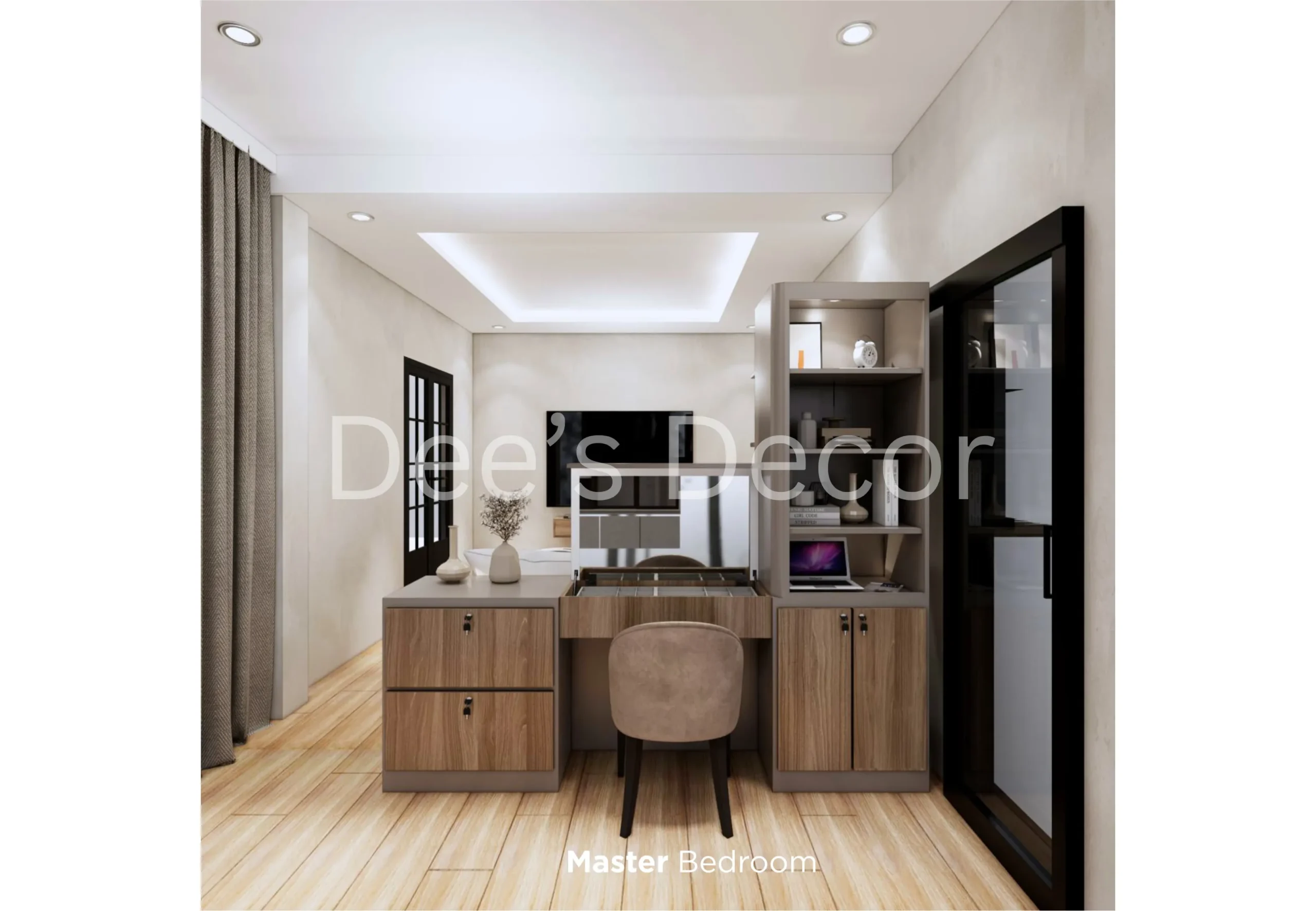 Desain master bedroom modern dengan meja rias dan kabinet penyimpanan kayu custom buatan Dee’s Decor.