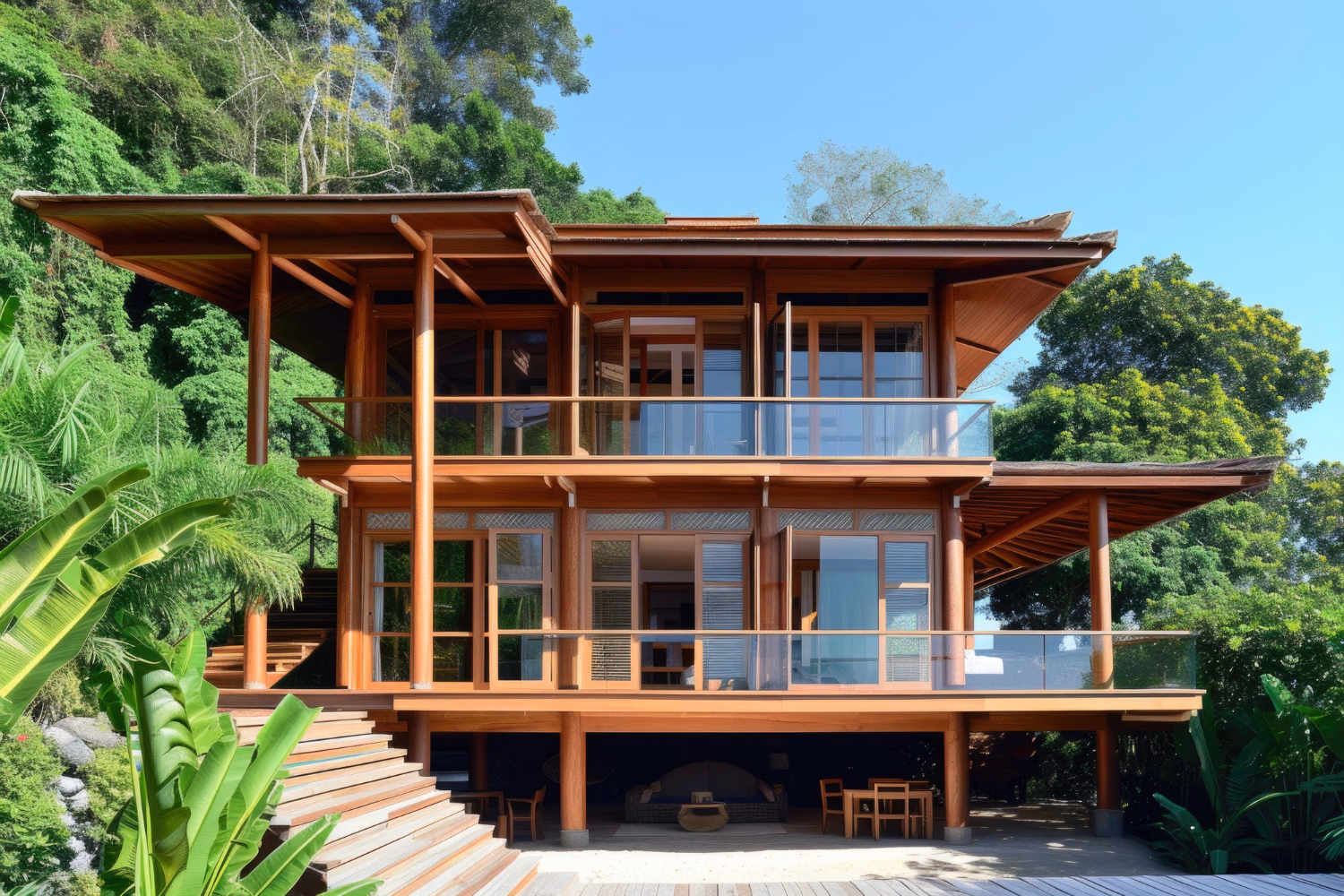 Rumah kayu dua lantai bergaya tropis modern dengan balkon kaca dan dikelilingi hutan hijau lebat