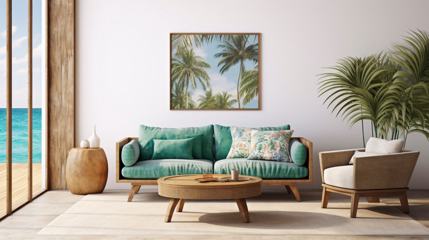 Ruang tamu pantai dengan sofa hijau mint, kursi rotan modern, dan pemandangan laut biru