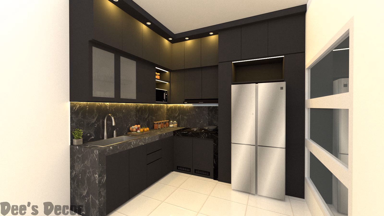 Gambar desain kabinet dapur berbentuk L dengan struktur rak terbuka dan tertutup, backsplash marmer gelap, serta posisi kulkas dua pintu di ujung ruang.
