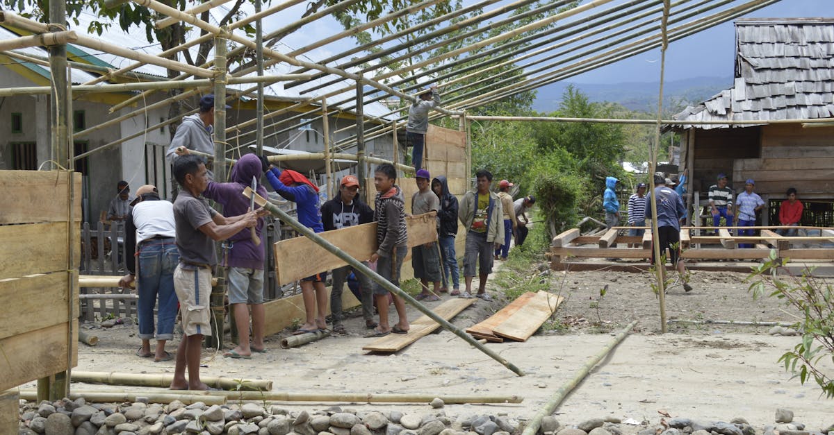 Local community working together on bamboo structure in South Sulawesi, Indonesia.