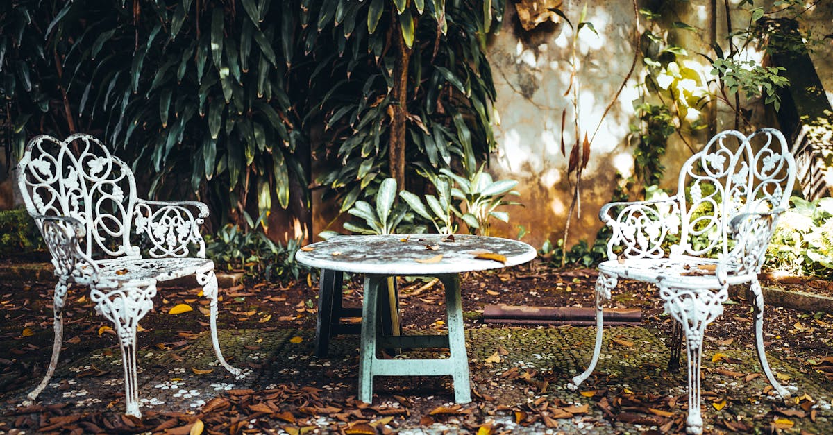Vintage cast iron chairs and table in a serene garden with lush foliage, ideal for relaxation.