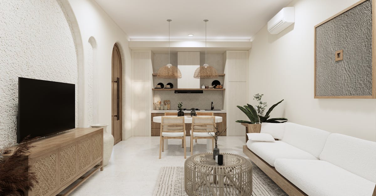 Cozy minimalist living room interior with dining area, modern decor, and natural elements in Bali villa.