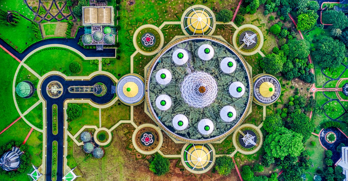 Colorful aerial shot of Taman Mini Park's unique design in Jakarta, Indonesia.