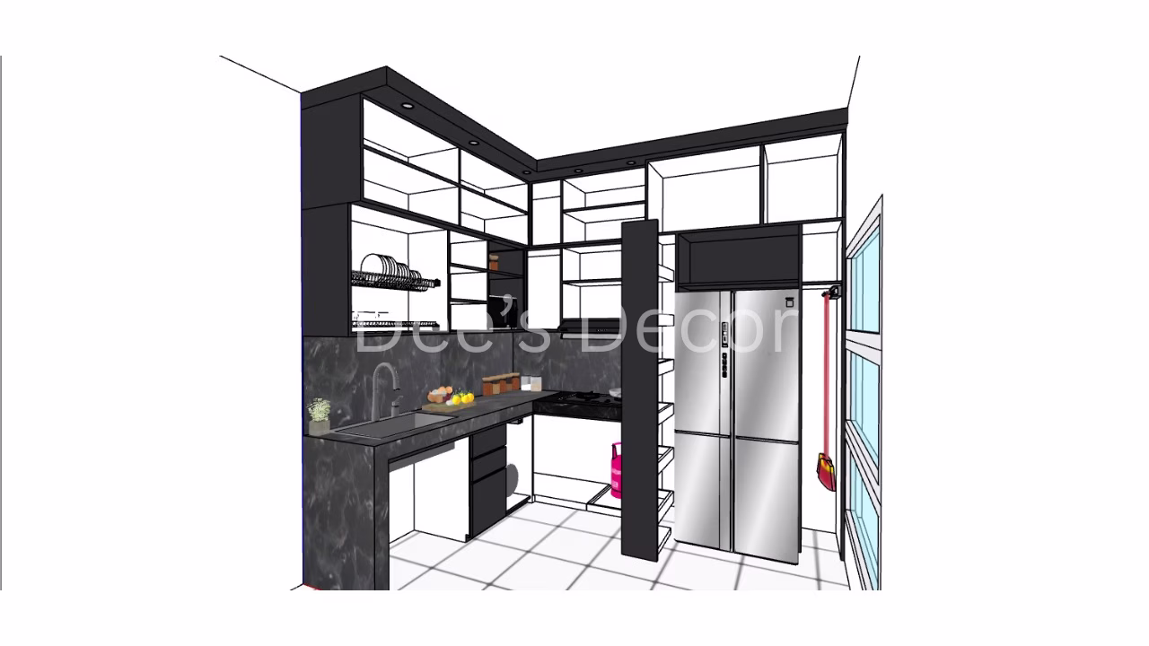 Desain 3D dapur minimalis modern berbentuk L dengan kitchen set warna hitam, top table dan backsplash marmer gelap, serta kulkas dua pintu stainless di ujung ruangan.