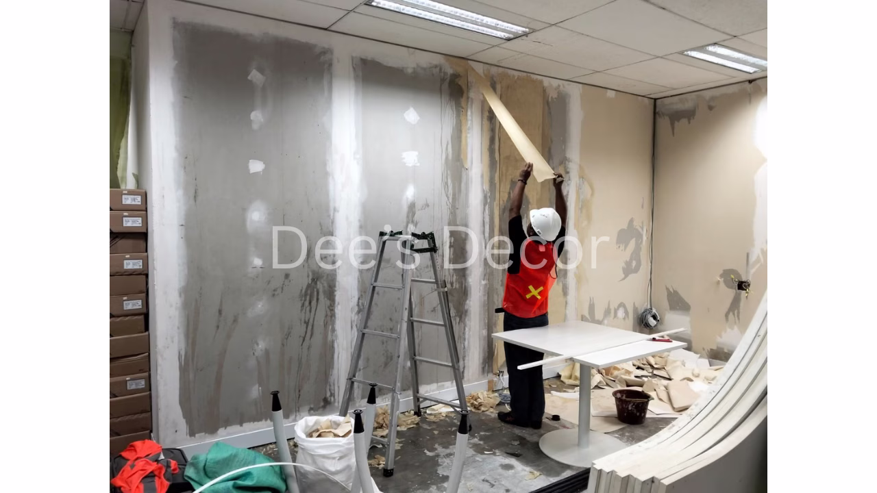 Pekerja memasang wallpaper atau wallcover baru di dinding kantor menggunakan tangga aluminium